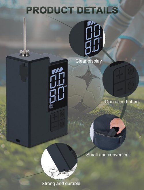 Electric Ball Pump for Sports Balls, Basketball Pump with Needle, Electric Pump with Pressure Gauge and Digital LCD Display, Automatic Ball Pump for Soccer, Basketball, Volleyball, Rugby Ball, Black