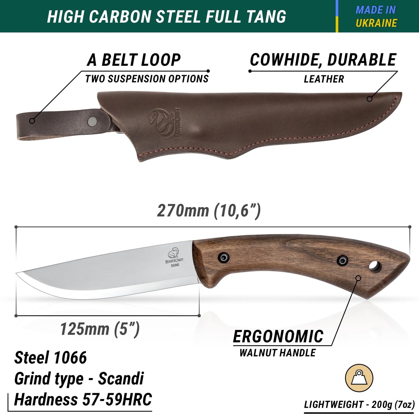 BeaverCraft Bushcraft Knife Full Tang Carbon Steel with Leather Sheath – Camping Bush Knife Fixed Blade – Outdoor Bushcraft Knives BSH1 Dune