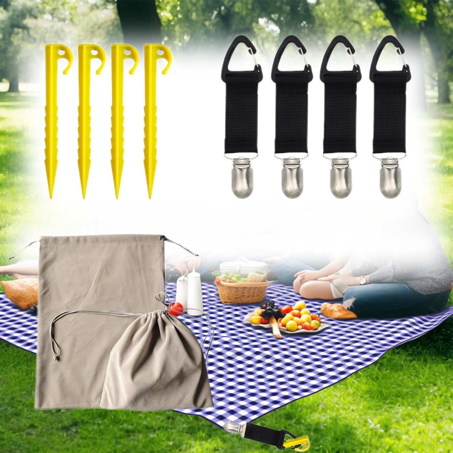 JKGOO 8 Piece 5.7in Beach Outdoor Picnic Holder -with Picnic Mat Clips and Tent Stakes,Beach Blanket Stakes,Tent Accessories,Sand Stakes,Great for Outdoor Camping Essentials (Blanket not Included)