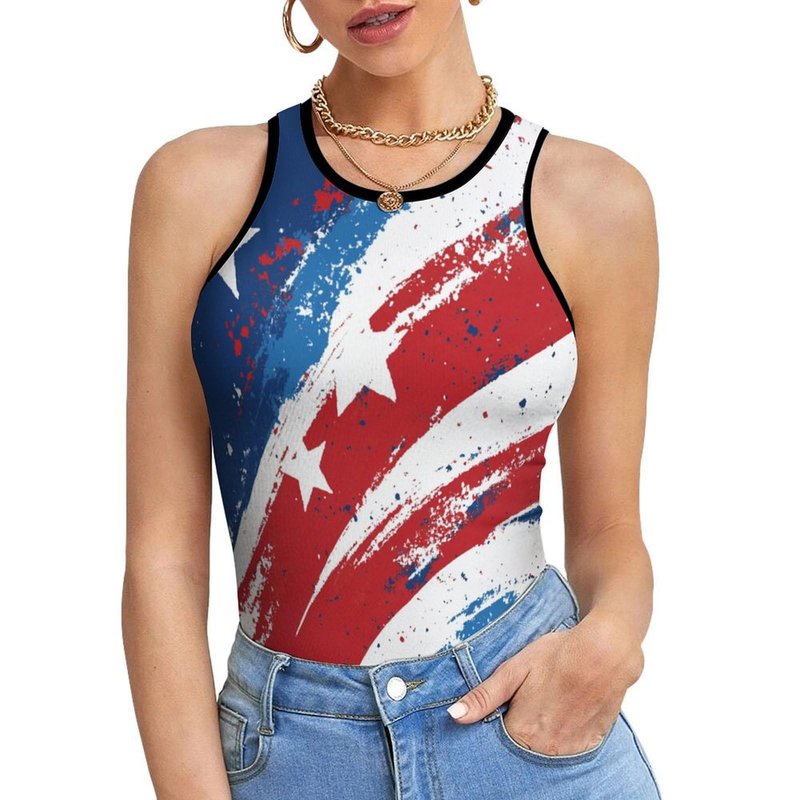 Costaric 4th of July Tops for Women Sleeveless America Flag Print Sexy Stretch Tight Tank Shirt Crew Neck Slim Fitted Vest T-Shirt Trendy Casual Summer Vacation Holiday Tee