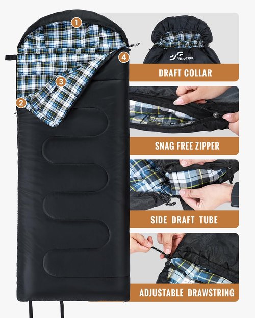 Sportneer Sleeping Bags for Adults, 0 Degree Sleeping Bag XL Flannel Winter Cold Weather Sleeping Bag with Detachable Hood Compression Sack for Camping, Backpacking, Hiking