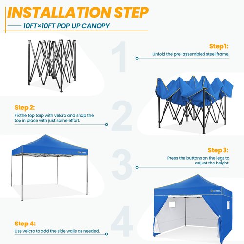 COBIZI 10x10 Pop Up Canopy Commercial Heavy Duty Instant Canopy with 4 Sidewalls, UV 50+ Silver Coated Waterproof Vendor Tent, Portable Shelter with Carry Bag, Event Tent for Parties Patio, Blue
