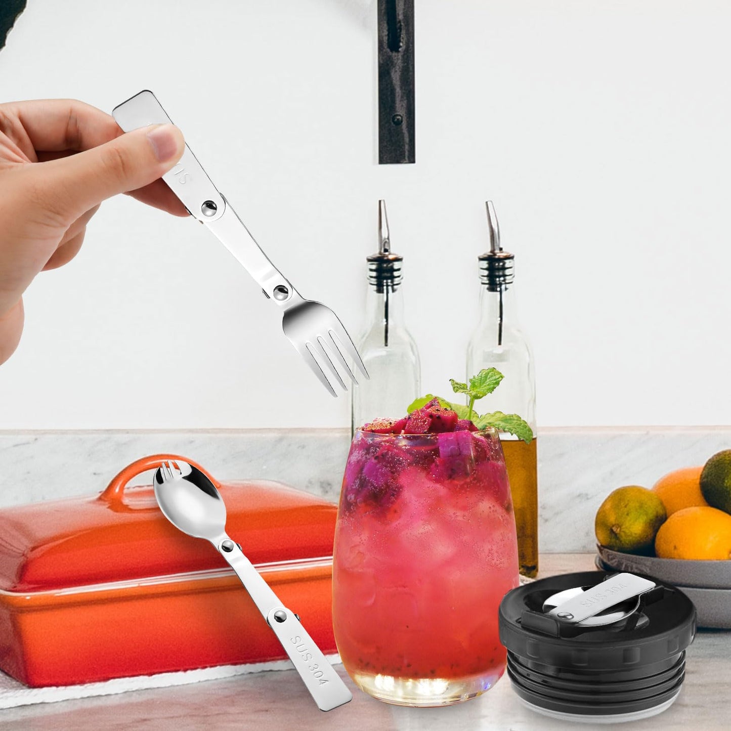 2pcs Foldable Fork and Spoon Set, Portable Stainless Steel Folding Spoon and Fork with 2 Plastic Storage Cases for Outdoors Travel Replacement Compatible with Thermos Funtainer 16oz Food Jar