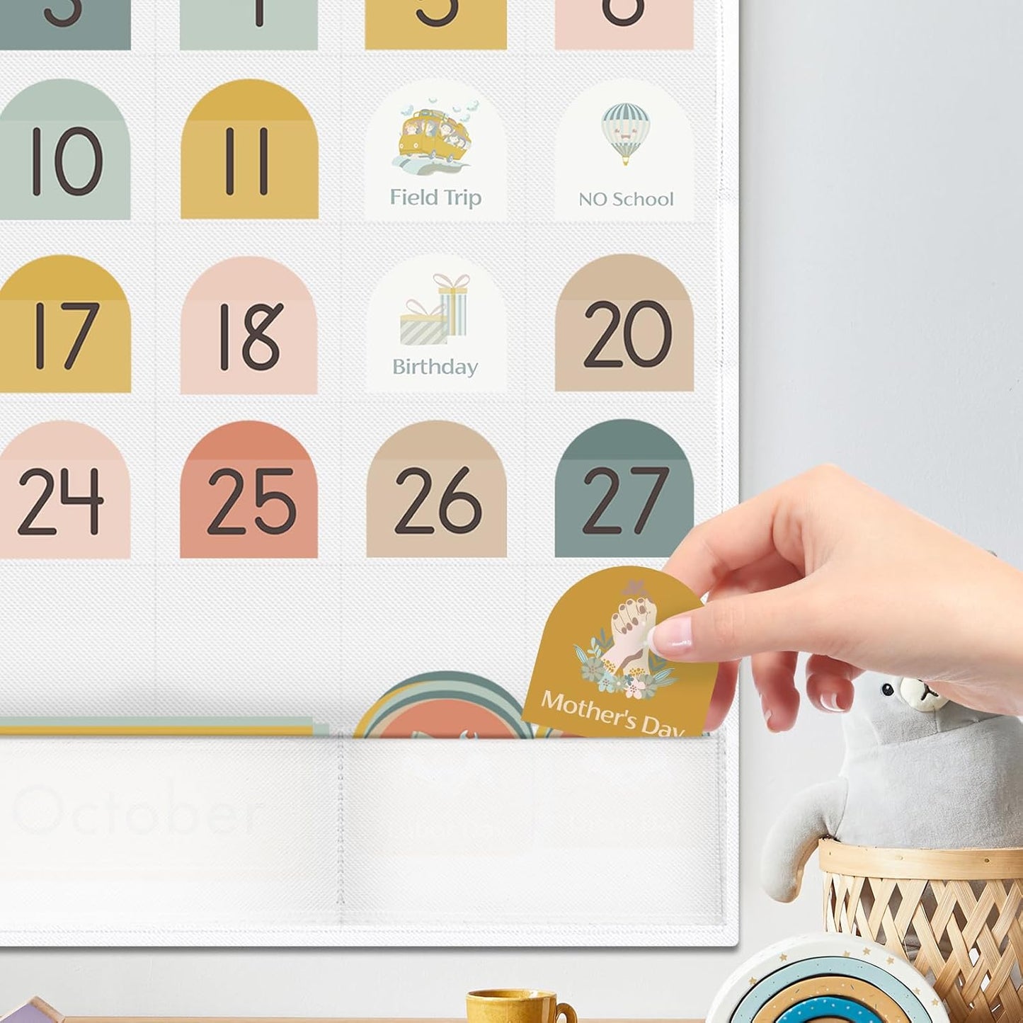 Classroom Monthly Calendar Pocket Chart for Kids Learning, 105 Cards Wall Boho Calendar and Weather, Teacher Supplies for Kindergarten Preschool Elementary Homeschool
