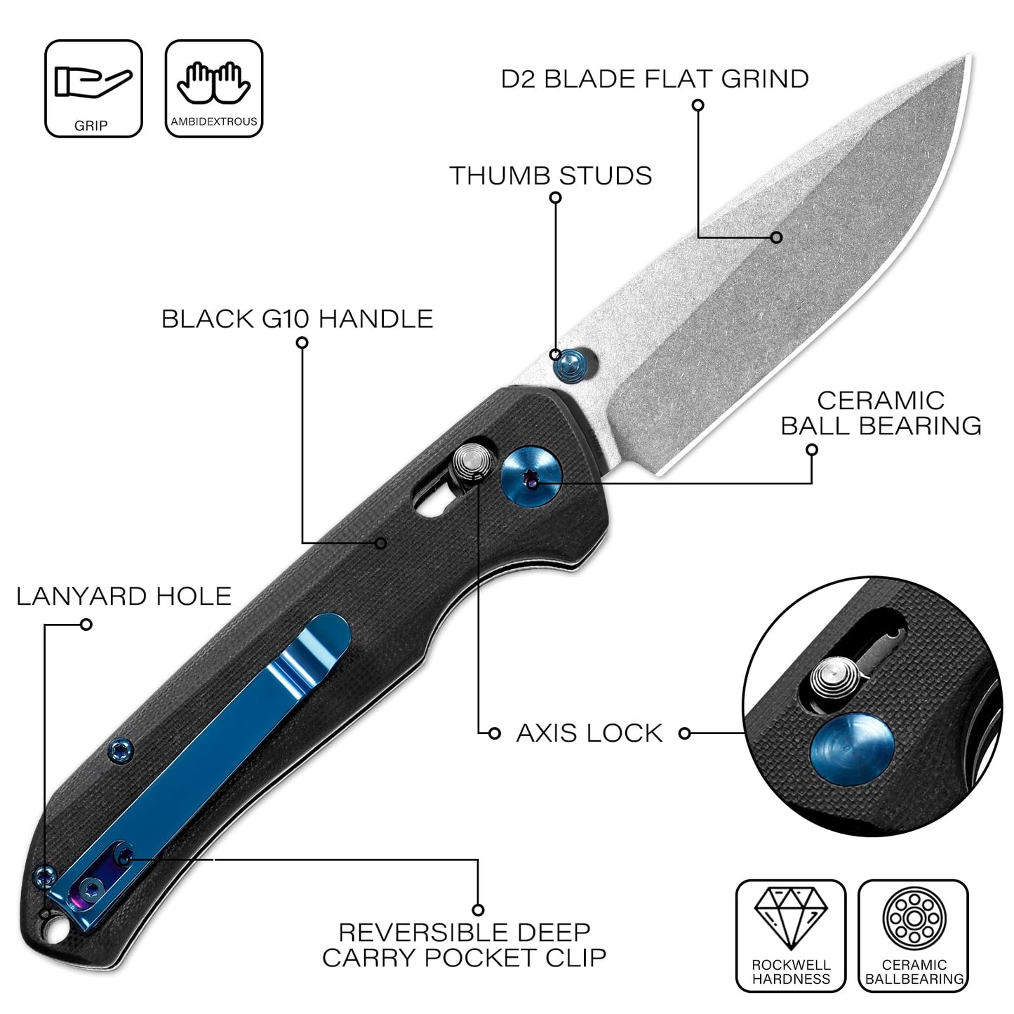 Axis Lock Folding Pocket Knife with Clip, 3.46" D2 Steel Drop Point Blade and G10 Handle, Crossbar Lock Knives for Men Women Camping Hiking Survival Pocketknife