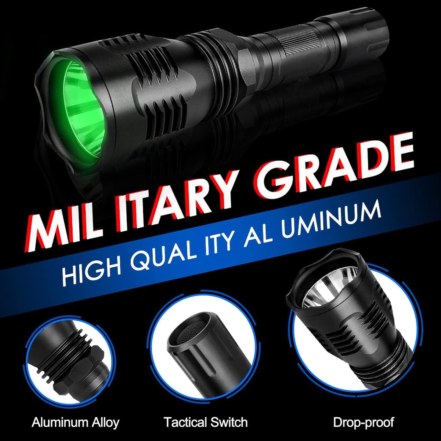 WINDFIRE WF-802 350 Lumens Tactical Green Flashlight 250 Yards Long Range Throwing LED Predator Light Coyote Hog Fox Varmint Hunting Torch with Pressure Switch & Barrel Mount