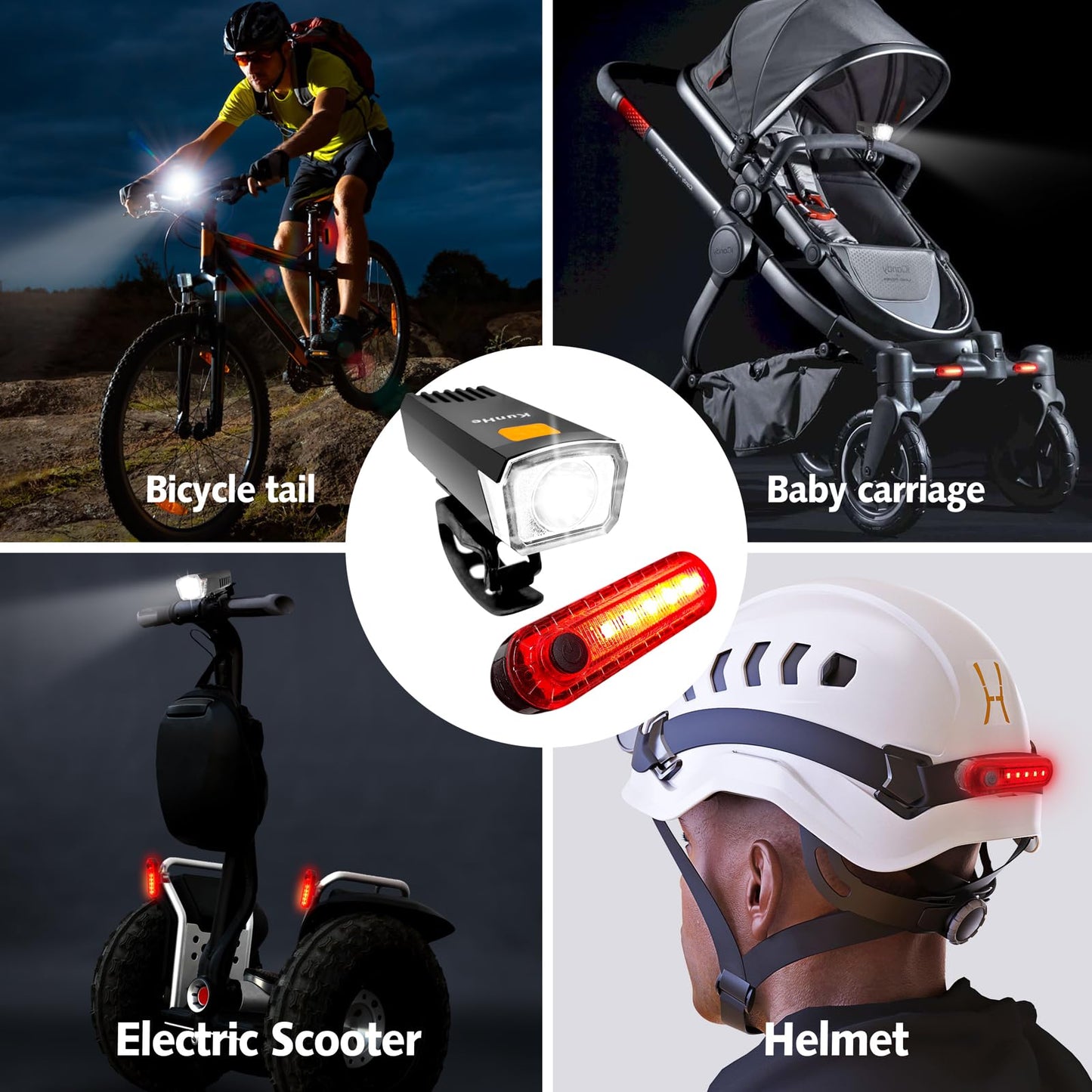 KunHe 4 Pack USB-C Rechargeable Bike Lights Head Lights for Night Riding Men Women & Kids 3 Lights Modes Used as a Safety Indicator Light for Skateboards Strollers and Wheelchairs