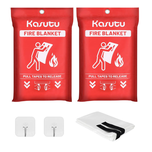 Kasutu 2 Pack Emergency Fire Blanket, 40"x40" Fiberglass Fire Suppression Blanket with 2 Hooks, Flame Prevention Supplies for Home Kitchen Office Car Camping Grill