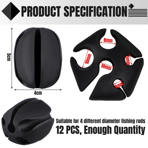 Blueweenly 12 Pcs Portable Silicone Fishing Pole Rod Holder Clips Fixed Ball 5 Holes Multifunctional Rubber Fishing Pole Puller Clips Bike Rod Holder Straps for Travel Ground Car Bike(Black)