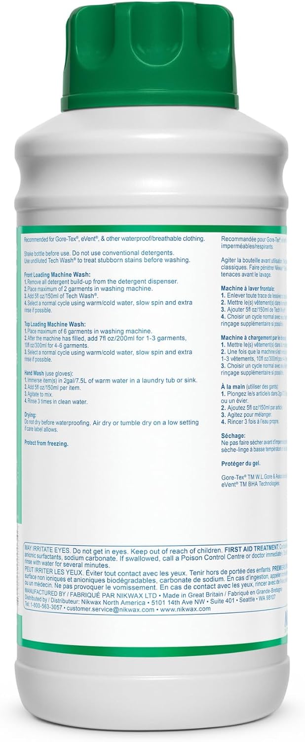 Nikwax Tech Wash,10 fl. oz., Nikwax Tech Wash Technical Cleaner for Jackets and Outerwear, Restores Waterproofing in Rain, Ski, and Snow Gear, Safe for Gore-Tex and DWR