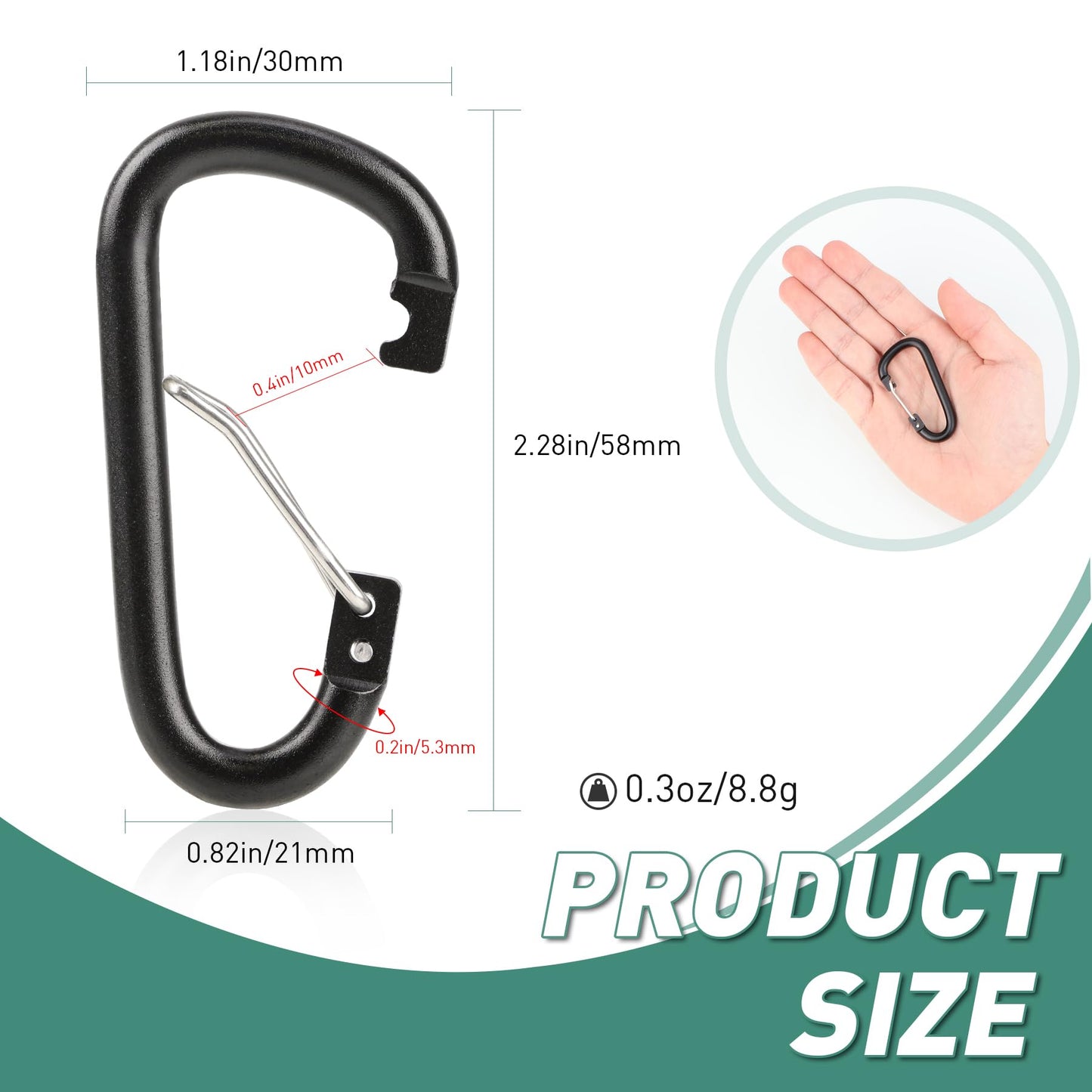 10PCS Black Carabiner Clips, 2.3" Small Aluminum D Ring Caribeener Clips, Spring Snap Hook for Carabiner Keychain