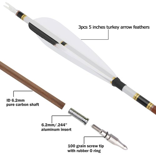ZSHJGJR 31" Carbon Arrows Spine 340 400 500 600 Archery Hunting Arrows with Natural Feather Removable Tips Targeting Arrows for Compound & Recurve & Traditional Bow 6/12pcs (12, Spine 500)