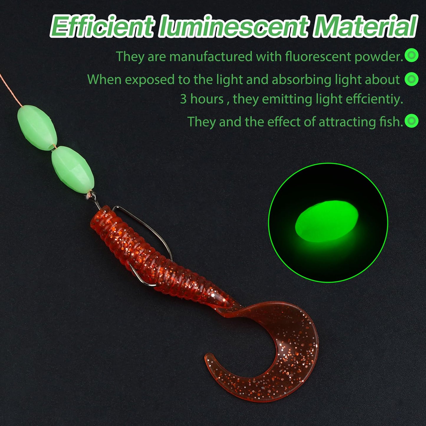 JSHANMEI Glow Fishing Beads Hard Plastic Luminous Fishing Beads Green Oval Bait Egg Bead Fishing Lures Saltwater Freshwater Salmon Trout Fishing Tool 80pcs