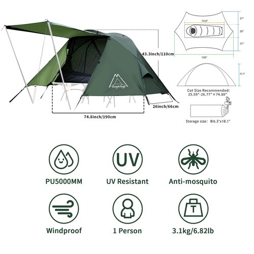 TENPLAY Cot Camping Tent,Backpacking 3 Way Tent,1 Person Solo Tent,Quick Setup,70D Nylon,pu5000mm,UV Cut,7001 Aluminium,Ultralight,Compact,Outerdoor,Hiking,Travel,Mountaineering(Green