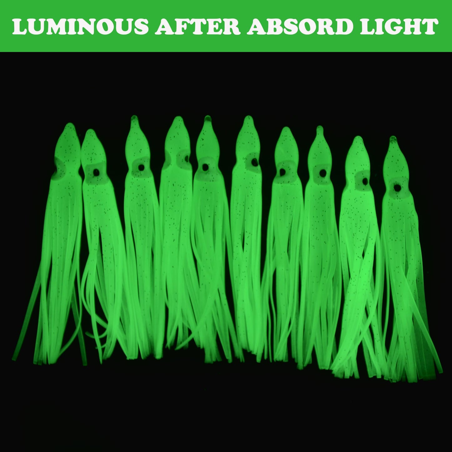 20pcs Fishing Squid Skirts Glow Lures Luminous Octopus Skirts Trolling Lure Saltwater Soft Plastic Bait Fish Squid Silicone Lure Baits Bass Fishing Tackle Accessories Length White 11cm