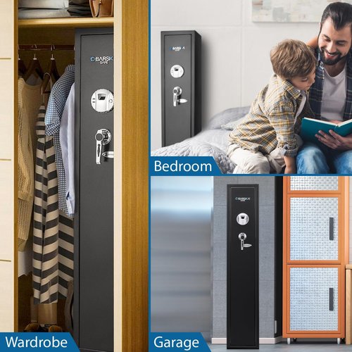 Barska Biometric Rifle Gun Safe β Quick Access Fingerprint Long Gun Safe for Home, DOJ Approved, Silent Mode, Removable Shelf, Backup Keys & Battery