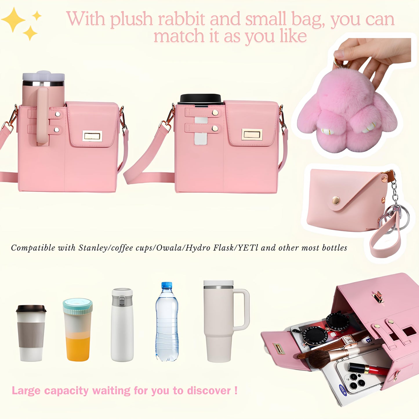 Kascool Outdoor Portable Crossbody Water Cup Storage Bag, Compatible with Stanley & Most Water Bottles, Crossbody Bag with Sports Water Bottle Holder for Women | Adjustable Shoulder Strap (Pink)