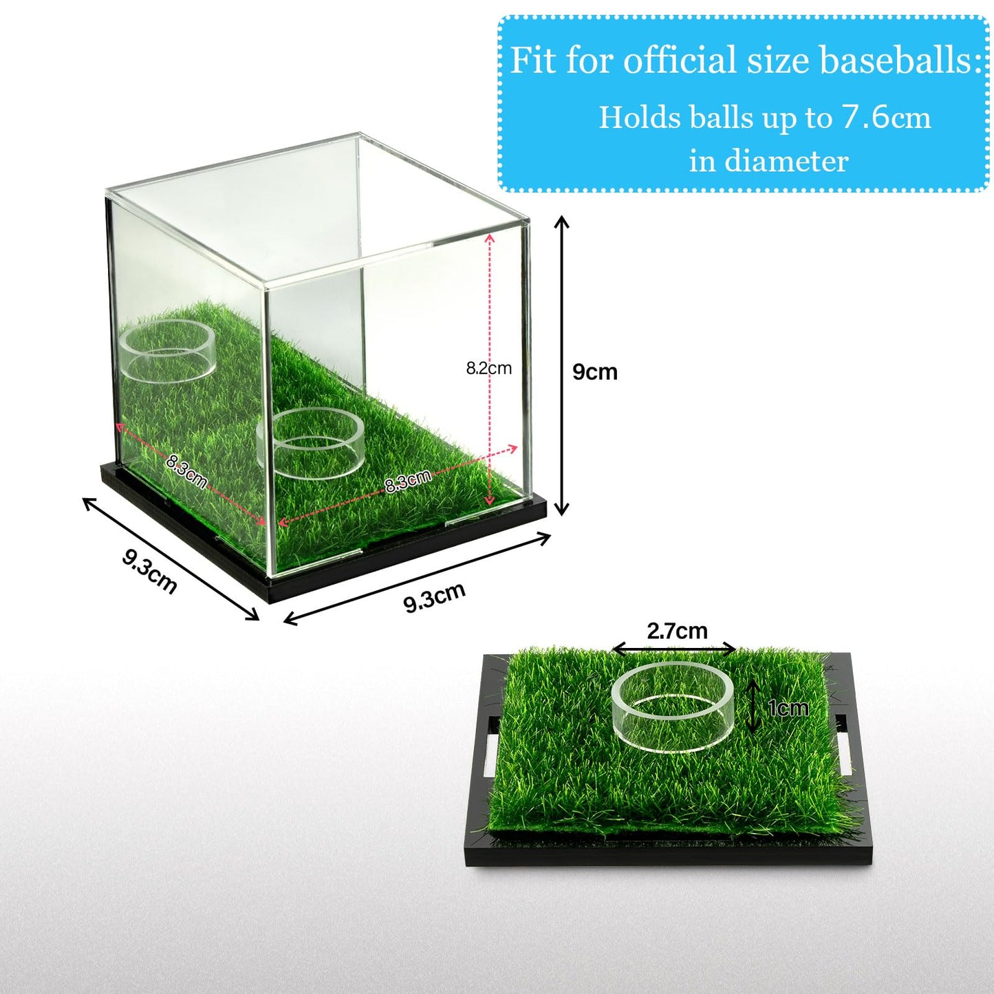 Acrylic Baseball Display Case, UV Protected Clear Display Box with Mirror and Turf Stand-Black(1PC)