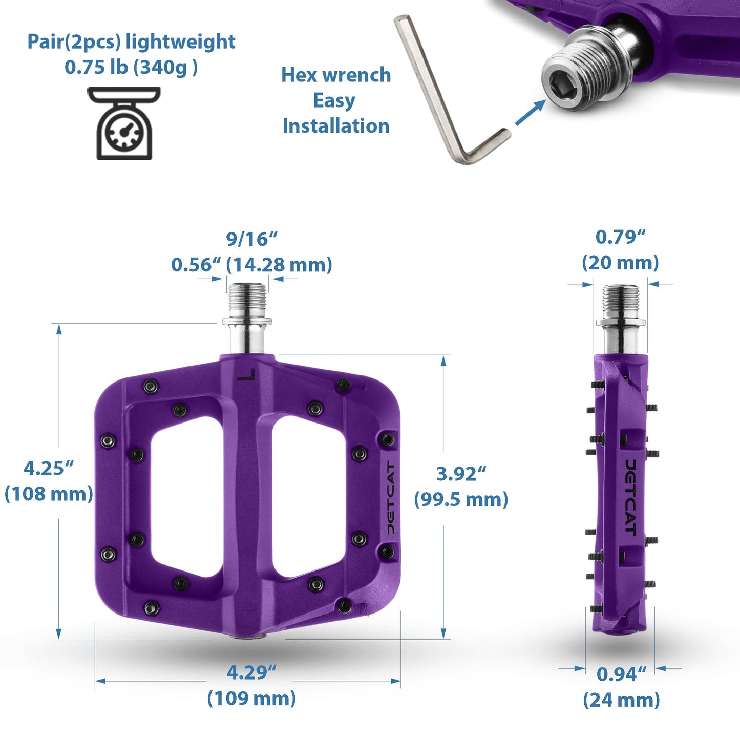 JETCAT Mountain Bike Pedals Flat - MTB Pedals Flat, Bicycle Pedals for BMX/MTN/Road/Gravel/EBike, BMX Pedals, Platform Pedals, Adults & Kids Bike Replacement - Purple 9/16