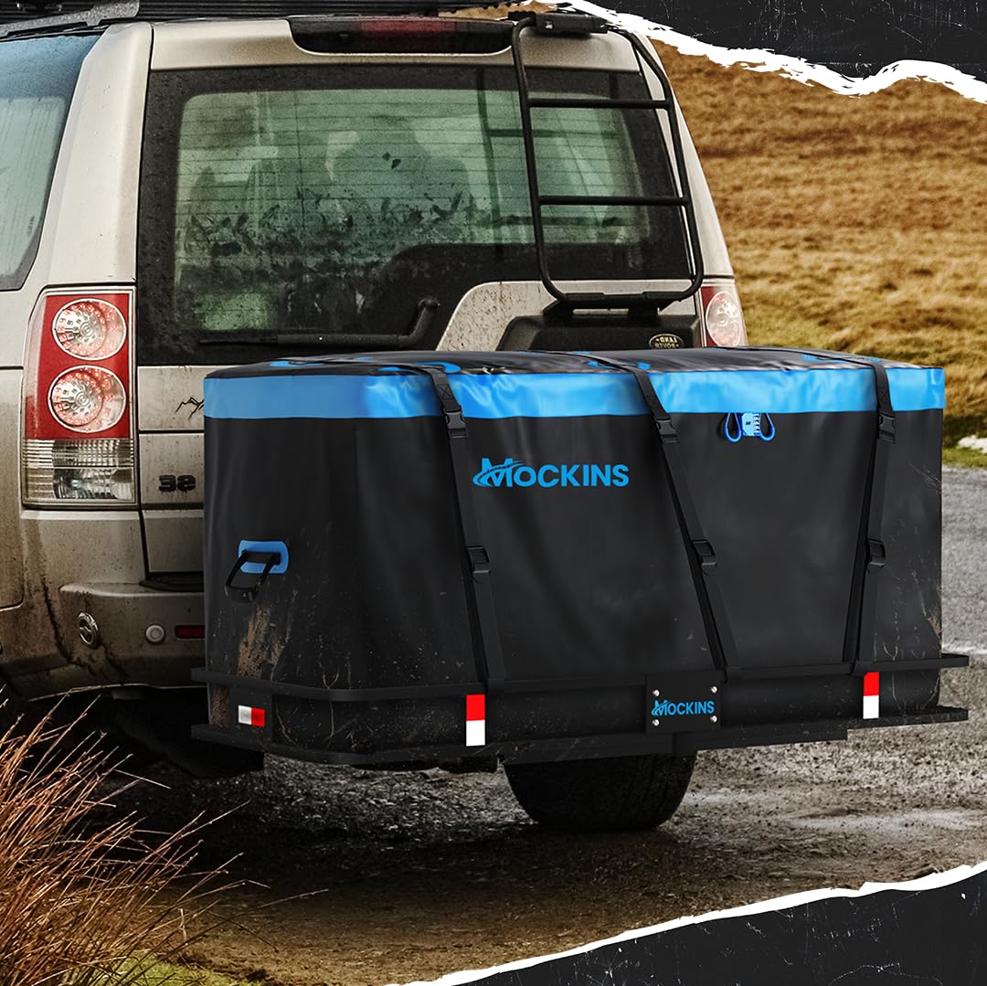 Mockins 25 CuFt Large Trailer Hitch Cargo Carrier Bag | 60"x24"x31" All Weather Cargo Bag for Hitch Carrier | Waterproof Luggage Bag for Truck Bed Storage | Vehicle Soft Shell Carriers w/Accessories