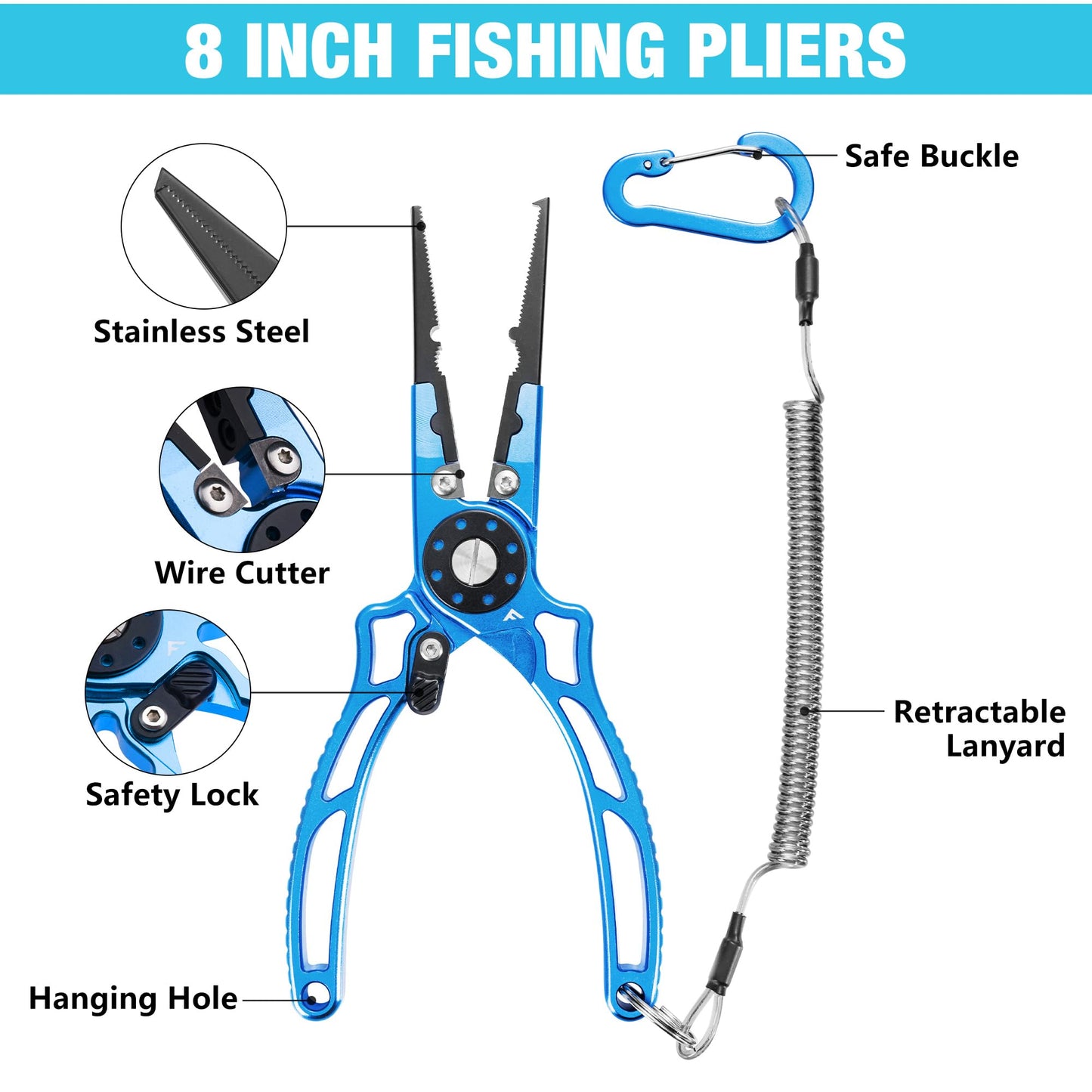 FLISSA 8 Inch Fishing Pliers, Safety Lock Design Fish Pliers Saltwater, Corrosion Resistant Aluminum hook remover with Braid Cutters, Sheath and Lanyard, Fishing Tool Gifts for Men