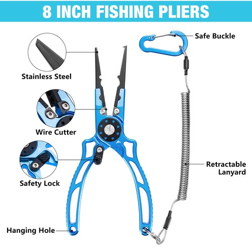 FLISSA 8 Inch Fishing Pliers, Safety Lock Design Fish Pliers Saltwater, Corrosion Resistant Aluminum hook remover with Braid Cutters, Sheath and Lanyard, Fishing Tool Gifts for Men