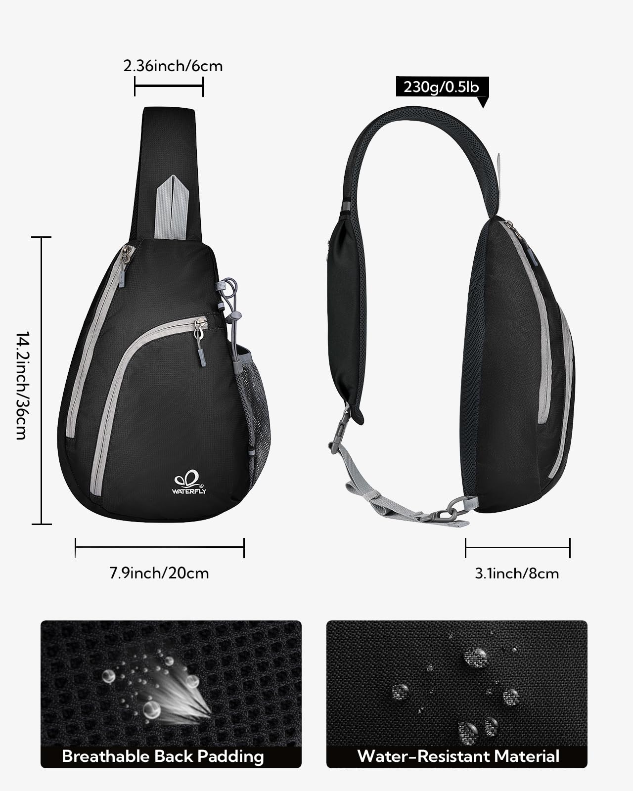 WATERFLY Crossbody Sling Bag Small Water Resistant Backpack Lightweight Shoulder Chest Daypack for Men Women Hiking Travel