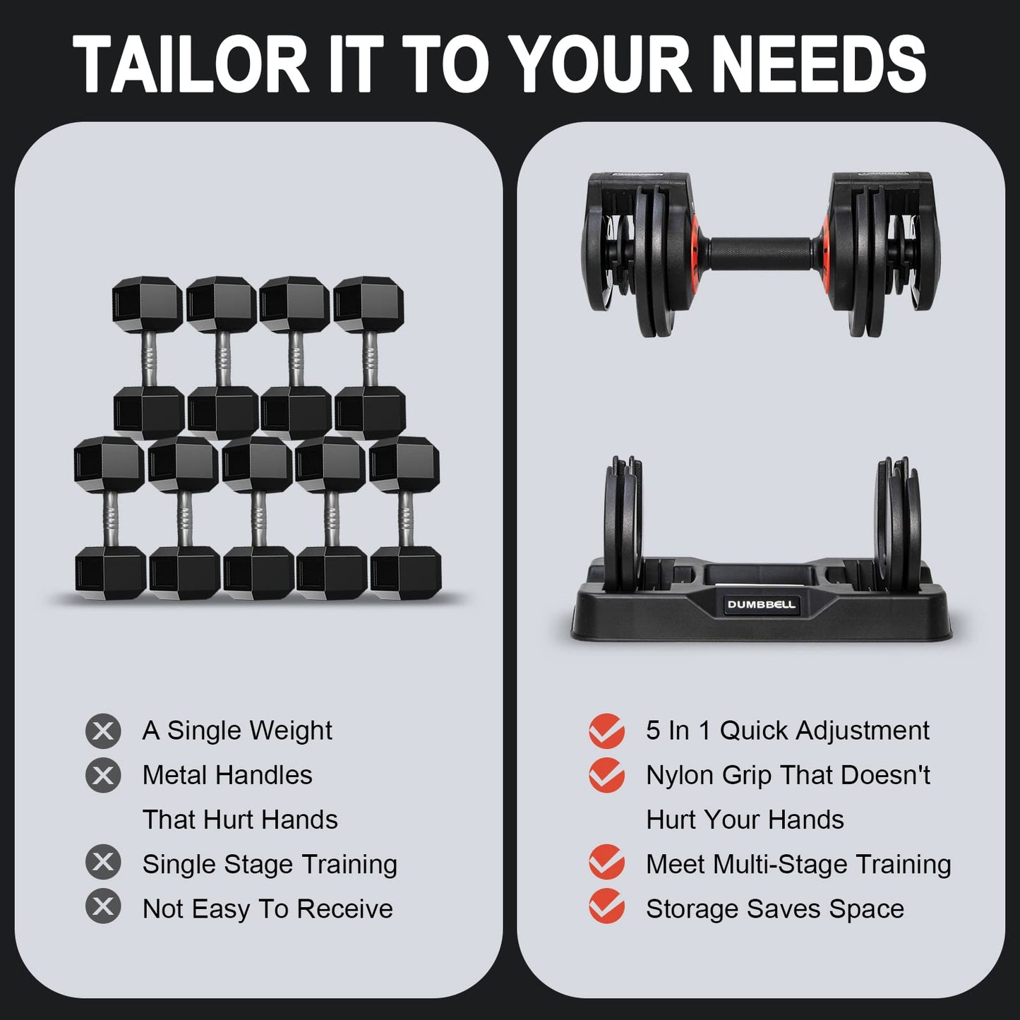 25/55 lbs Pair Adjustable Dumbbells Set, Adjustable Weights Dumbbells Set for Men and Women with Anti-Slip Fast Adjust Weight by Turning Handle,Black Dumbbell with Tray