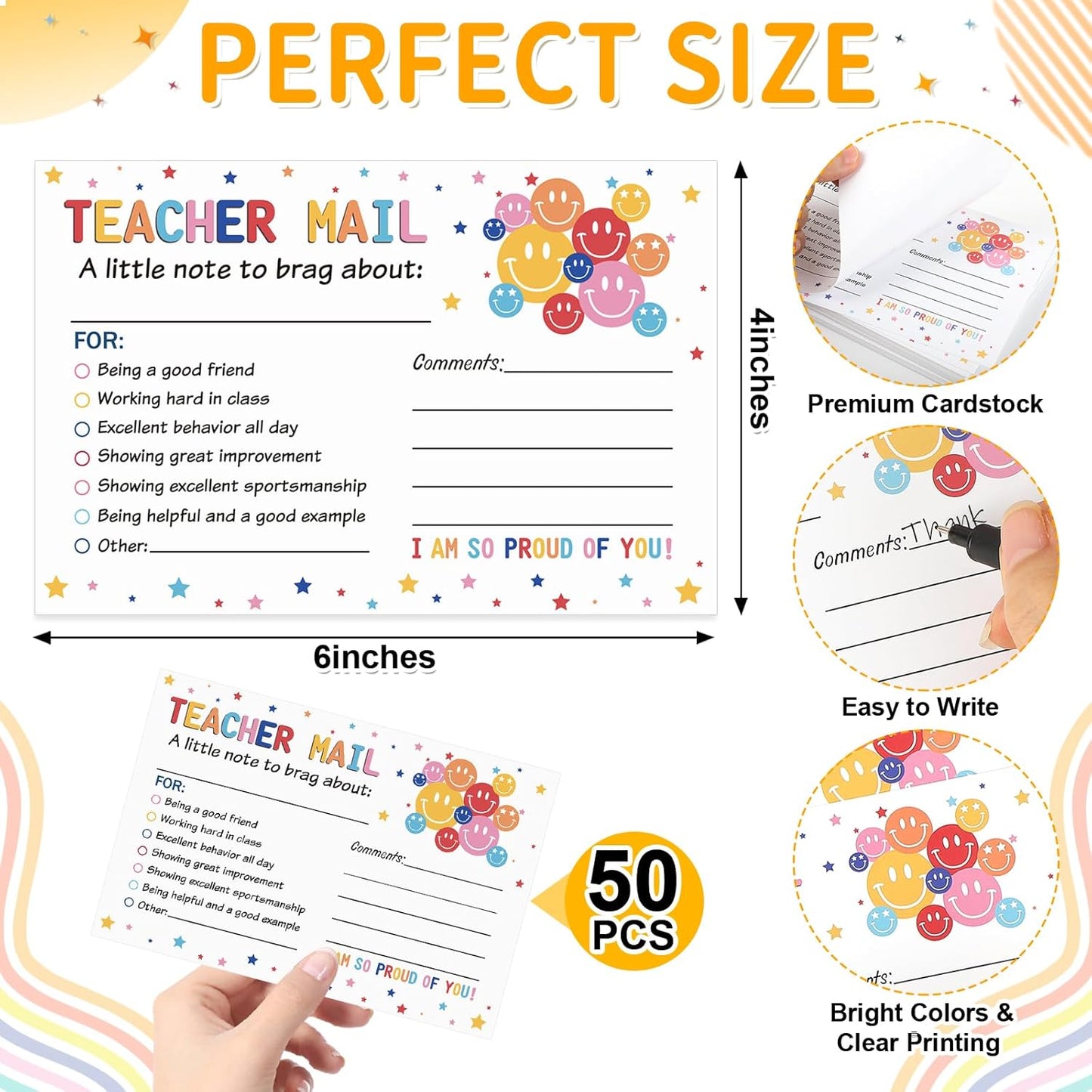 50Pcs Teacher Mail Notes to Parents, Smiley Face Happy Mail Postcards Classroom Good Behavior Incentive Motivational Cards to Send Home for Preschool Kindergarten Elementary School Teacher Supplies