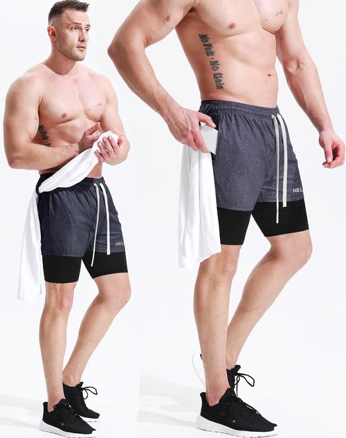 NELEUS Men's 2 in 1 Athletic Running Shorts with Liner and Pockets,6071,Dark Grey(Black),Olive Green,Light Grey,3 Pack,M