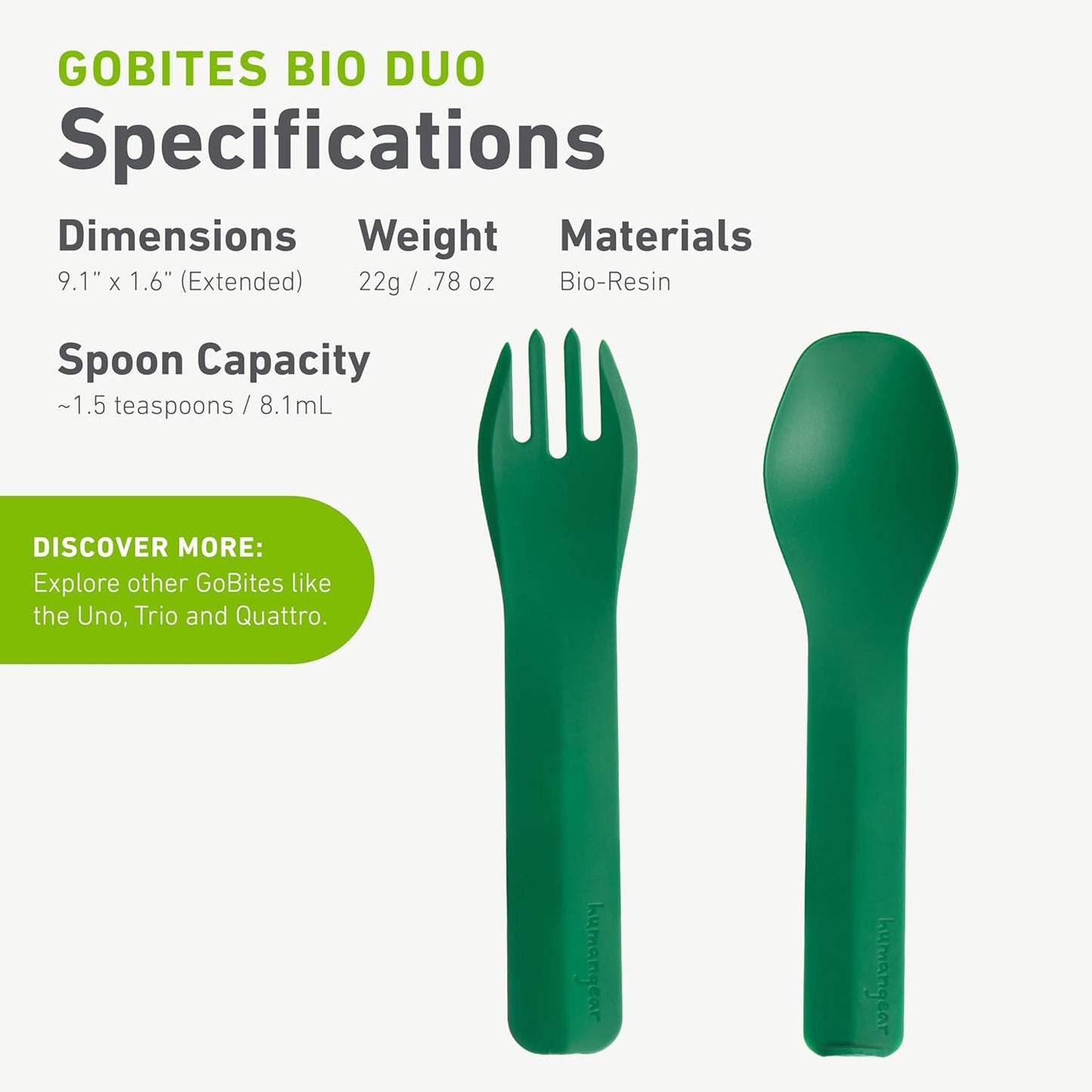 humangear GoBites Duo and Bio Duo Travel Silverware, Full Size Portable Fork & Spoon, Reusable Utensil Set, PC and BPA-free, Food-Safe Nylon or Plant-Based Resin, Extended - 9.1” X 1.6”