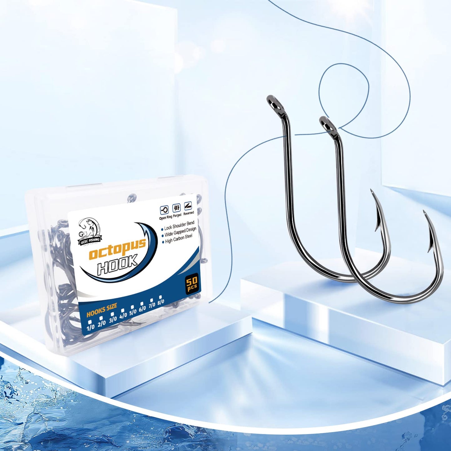 UCEC Fishing Hooks Octopus Hooks for Saltwater Freshwater High Carbon Steel Offset Circle Octopus Catfish Hooks for Catfish Trout Fishing Size 1/0 3/0 5/0, 50pcs/Box