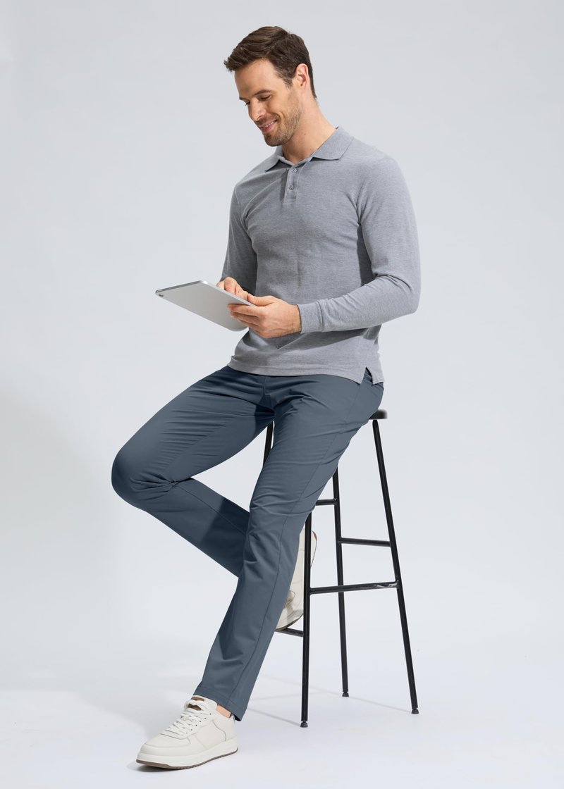 Pudolla Men's Golf Pants Work Dress Comfy Pants Casual Slacks Trousers with Pockets(Grey_Blue 35Wx32L)