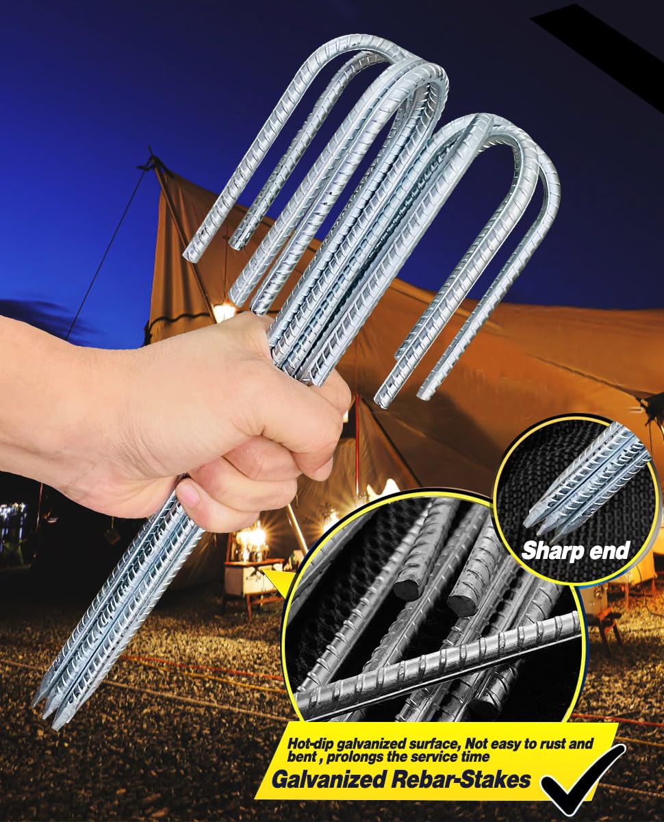 12 Inch Rebar Stakes, 8 Pack Ground Stakes J Hook Tent Stakes Heavy Duty Galvanized Anti-Rust for Camping, Garden Decorations, Drip Tubing, Artificial Turf