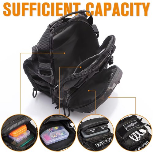 Dovesun Small Fishing Backpack, Fly Fishing Sling Pack Waterproof Backpack with Tackle Boxes | Rod Holder Shoudler Tackle Bag for Men Black