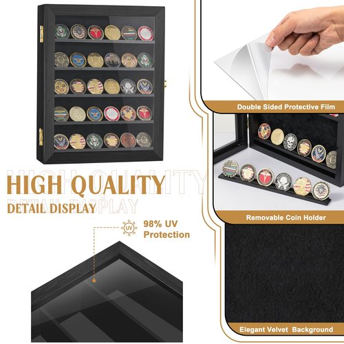 Military Challenge Coin Display Case 11x14IN, Medal Shadow Box with HD Acrylic Glass, Removable 2 Groove Shelves, Wall Mount Coin Collection Holder for Casino Poker Chips Exquisite Souvenirs