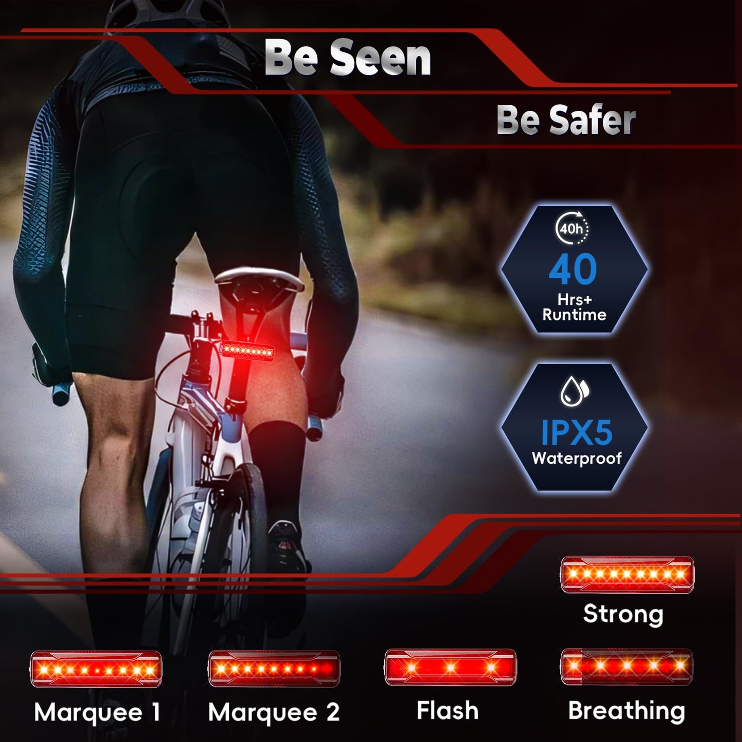 KELNOW Bike Tail Light, 40 Hours Long Runtime, USB Rechargeable, Ultra Bright LED Bicycle Rear Light, 5 Light Modes, IPX5 Waterproof Taillight for Night Riding