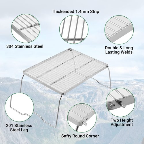 YETO Folding Campfire Grill 304 Stainless Steel Grate Heavy Duty Bushcraft Portable Camping Grill with Legs Carrying Bag for Outdoor Camping Cooking 16.3"x 12.2" x 8.6"