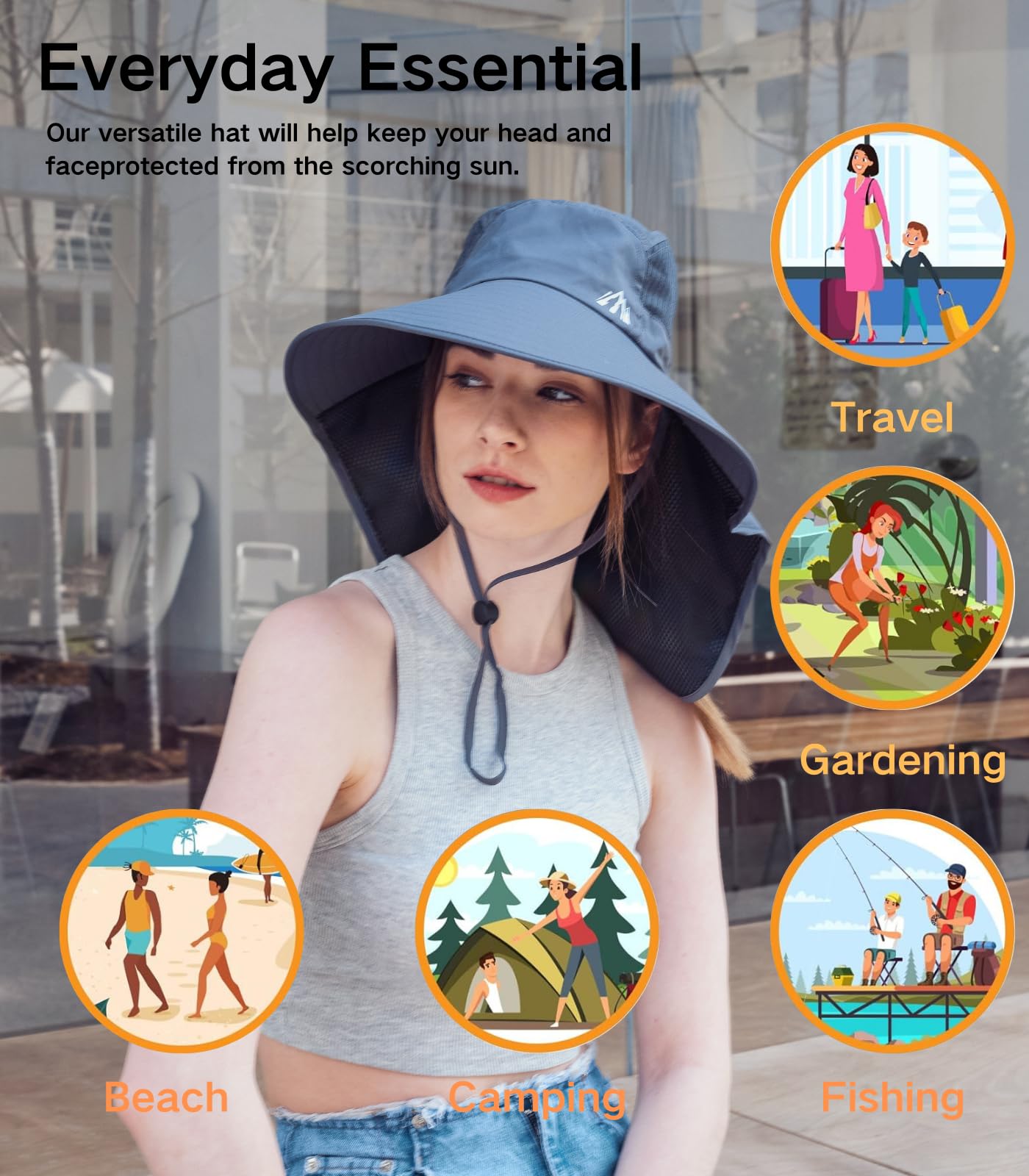 UV Sun Protection Hat Women Foldable Neck Flap Wide Brim Hiking Hat with Ponytail Hole for Women Dark-Gray