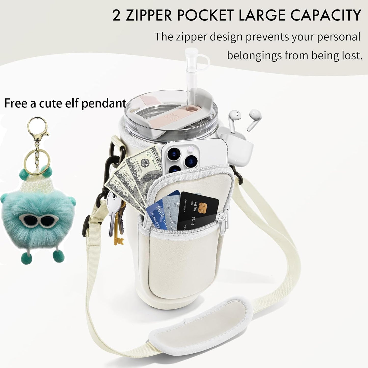 AFIAFTY Water Bottle Holder with Strap, Stanley Bag/Stanley Cup Holder with Strap for Stanley Quencher H2.0 40 oz, Tumbler Accessories with Coal Ball Pendant & Carabiner, Stanley Cup Accessories