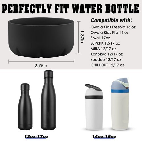 VIKIZUES Silicone Boot Compatible with Owala Kids Water Bottle 14/16 oz & S'well 17oz Water Bottle and More 12/17 oz Stainless Steel Water Bottles, Anti-Slip Bottom Protector Sleeve (Black)