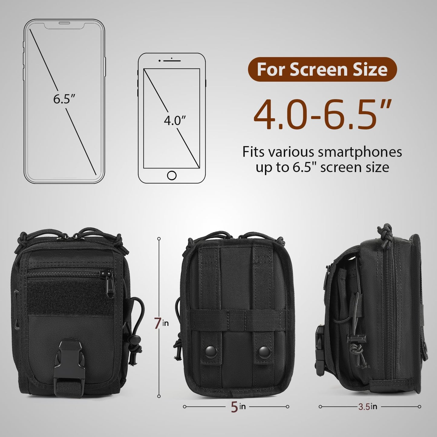 LarKoo Multipurpose Tactical Molle Belt Pouch EDC Gadget Organizer Slim Utility Waist Bag with Compass Buckle Carabiner Phone Holster Tool Kit Pack Large