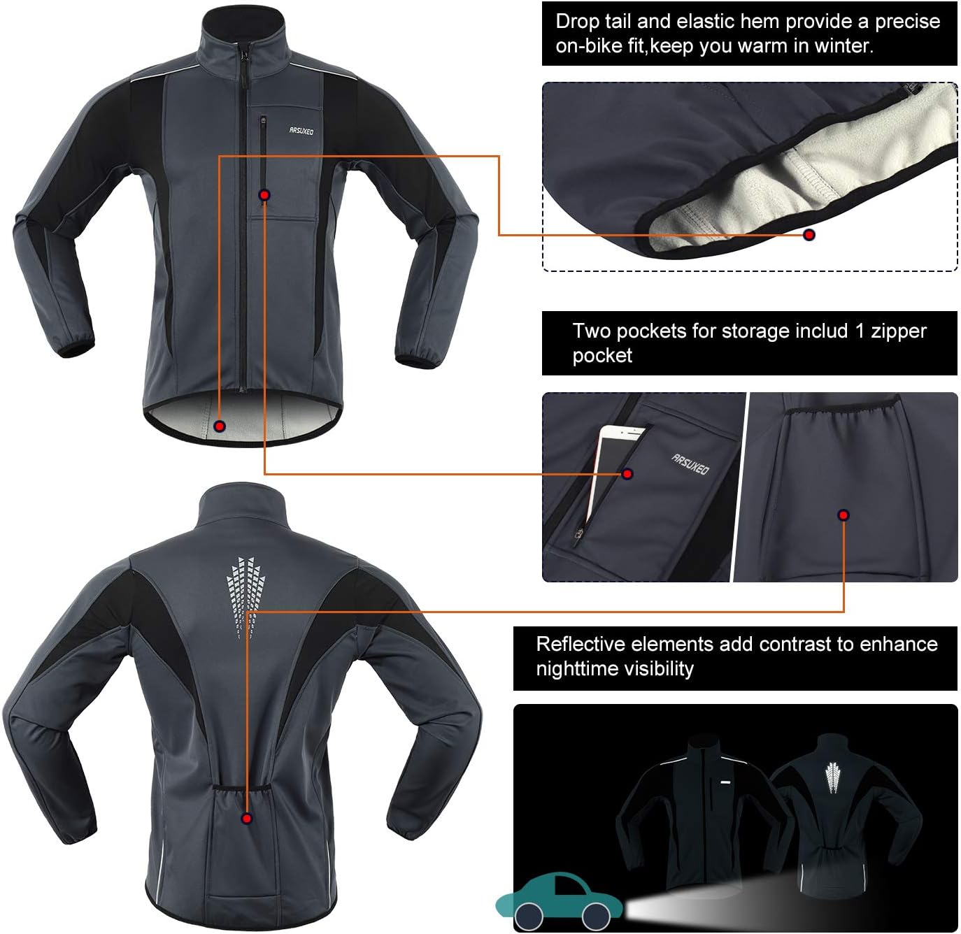 ARSUXEO Winter Warm UP Thermal Softshell Cycling Jacket Windproof Waterproof 15-k