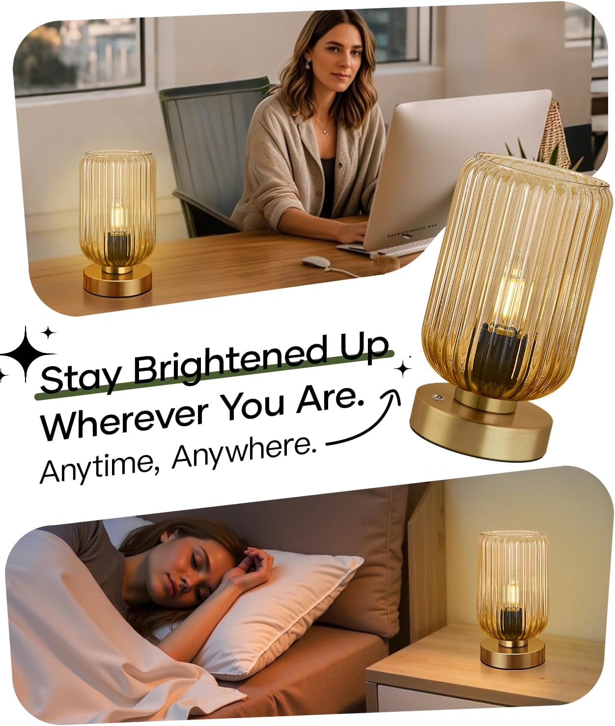 Touch Table Lamp for Nightstand - Small Bedside Lamps for Night Stands Bedroom Living Room, Dimmable Rechargeable Desk Lamp Battery Operated with Clear Glass Shade, Bulb Included