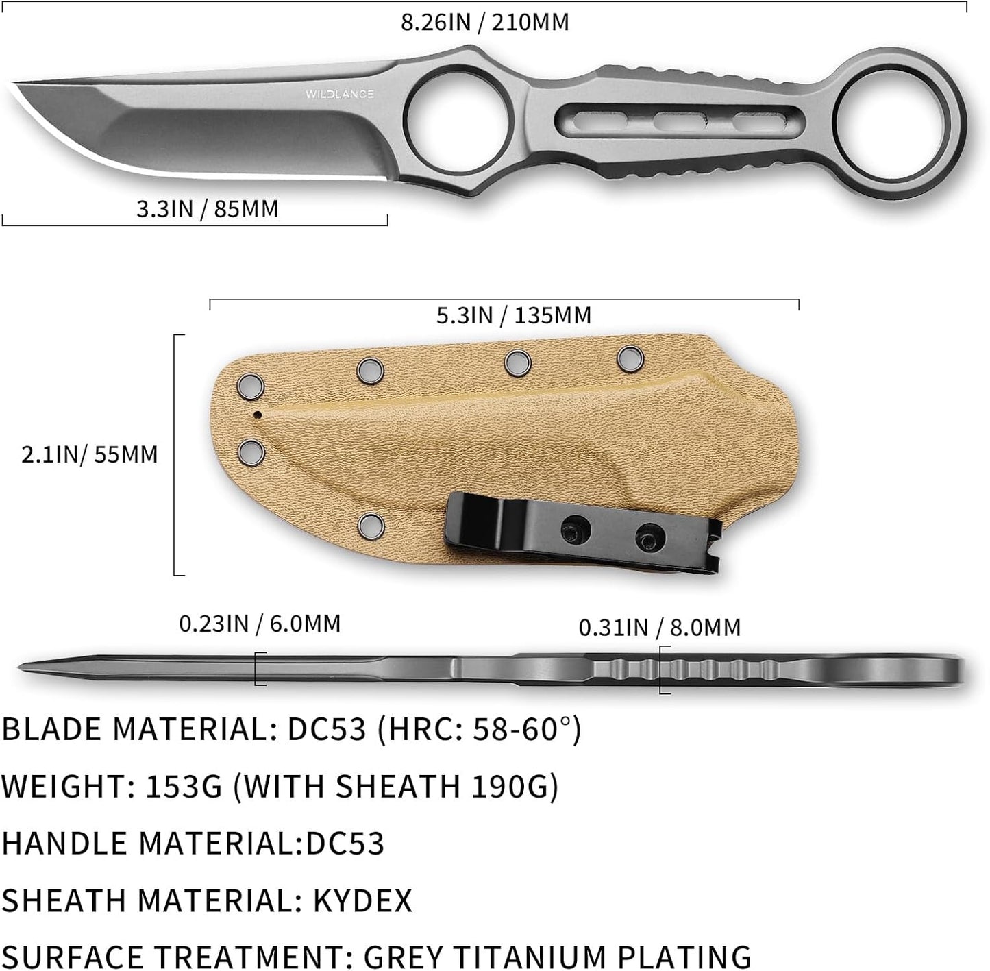 EDC Fixed Blade Knife with Sheath, Camping Knife Fixed Blade 3.3" DC53 Steel Outdoor Survival Blade Full Tang Hunting Knives for Men Women IB-01, Silver