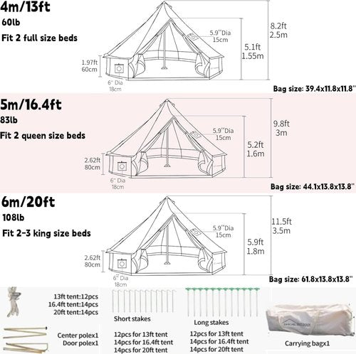 DANCHEL OUTDOOR B5PRO Canvas Bell Tent, 4 Season Glamping Yurt with Stove Jack& AC Port for 4/6/8 Person Family Camping Winter Large Hot Tent Hunting Party Backyard, 13ft/16.4ft/20ft