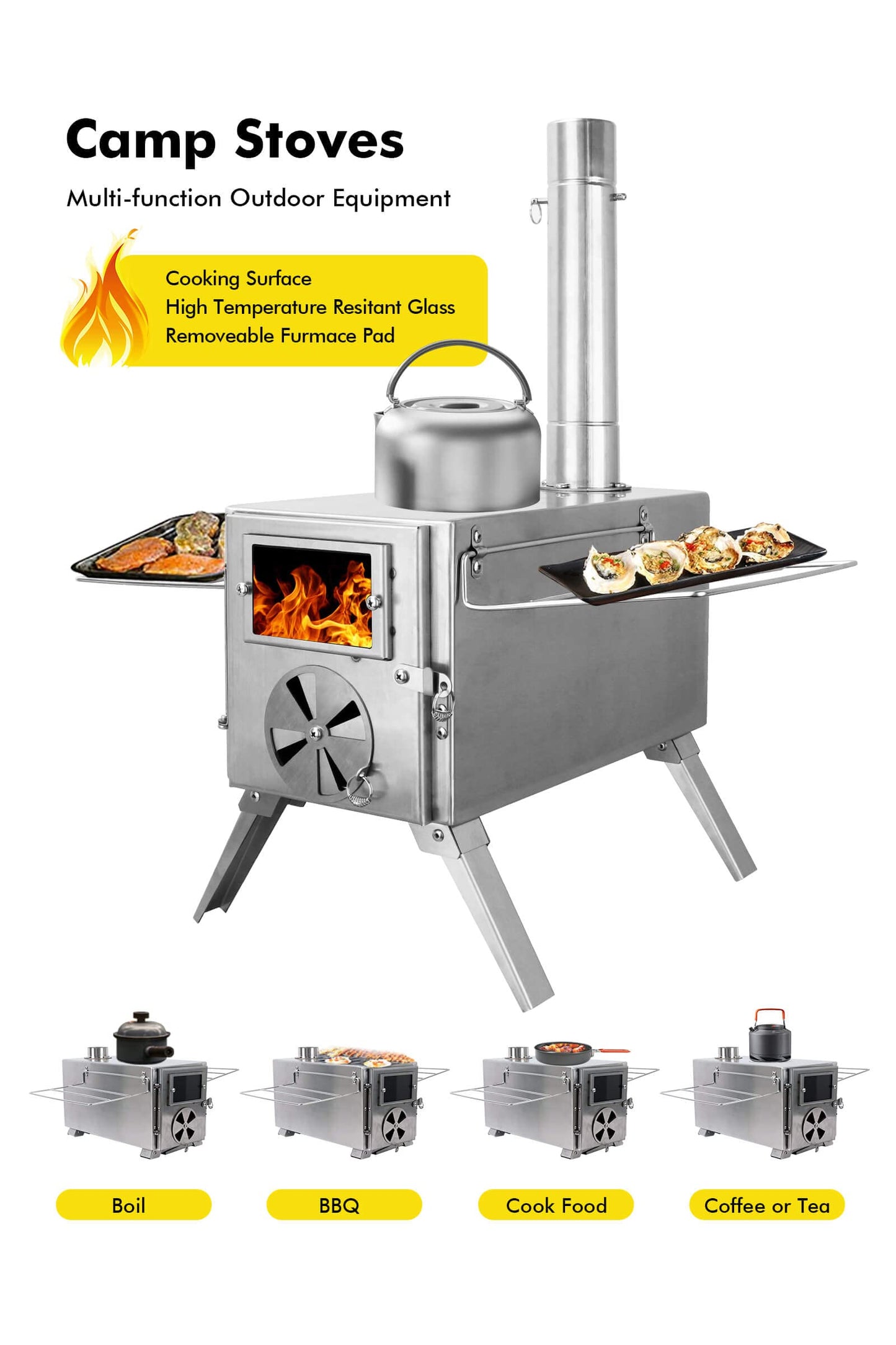 SOPPY Hot Tent Stove for Camping, 304 Stainless Steel Wood Burning Stove with 7 Chimney Pipe, Backpacking Tent Stove for Ice Fishing, Camping, Hunting, Hiking, Silver