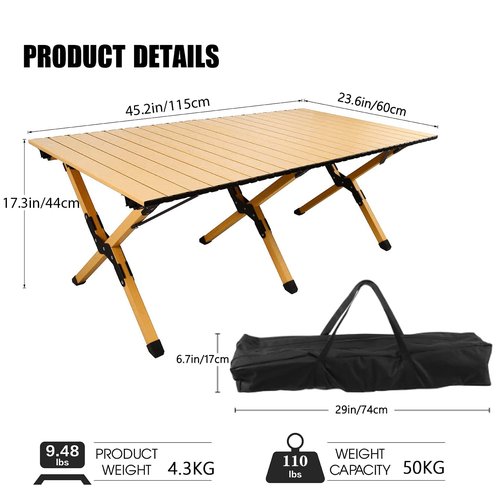 rollingsurfer Folding Camping Table, Lightweight Roll-Up Table Aluminum Low Portable Picnic Table with Carrying Bag for Outdoor, Beach, Picnic, Backyards, BBQ and Party, 45.2''D x 23.6''W x 17.3''H