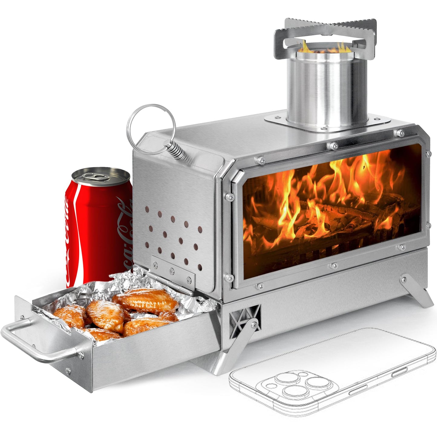 GoHawk Portable Wood Burning Camp Stove 9.5" Mini Heater Burner with Fireproof Glass Window 304 Stainless Steel Cooking Oven Grill Heating Tray for BackPacking Camping Tent Fishing Hiking Picnic BBQ