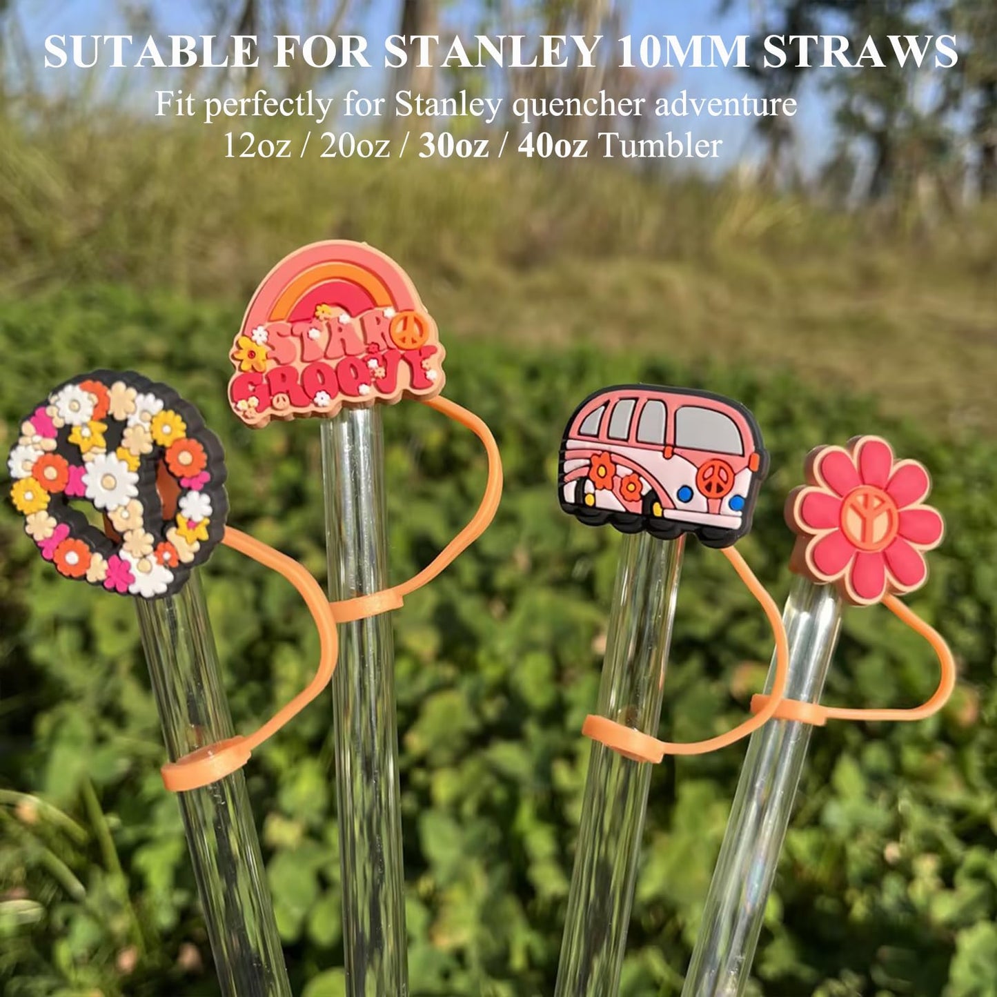 Amreich Boho Straw Cover for Stanley Cup - 4PCs Orange Stanley Cup Accessories, Groovy Hippie Design 60s 70s Party Straw Favors